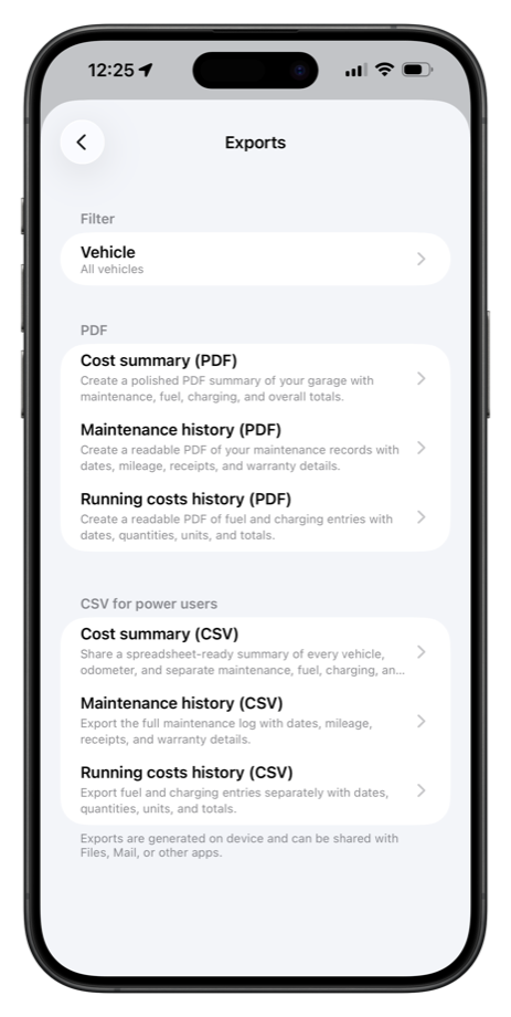 CarMGT exports screen with PDF and CSV export options